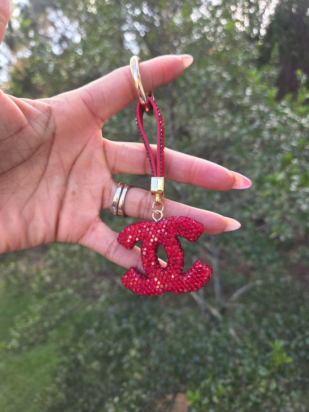 Red Crystal Double-C Logo Charm Keychain